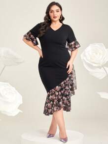 Modelyn 大碼印花喇叭袖荷葉邊洋裝 - 黑色 - 查看 1