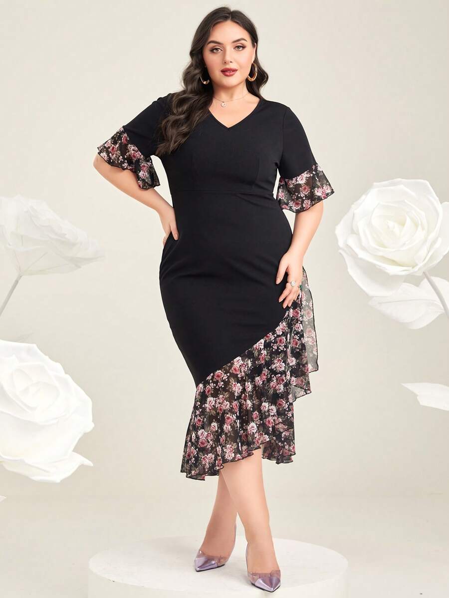 Modelyn 大碼印花喇叭袖荷葉邊洋裝 - 黑色 - 查看 1