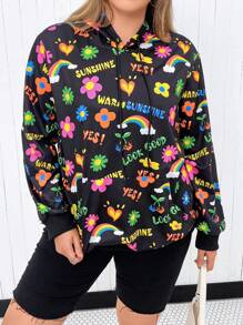 SHEIN Qutie Plus Size Letter Graphic Drop Shoulder Sweatshirt - Black - View 4