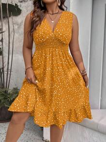 Franclia Váy midi thường ngày dáng chữ A in họa tiết chấm bi không tay boho cỡ lớn có nhún bèo eo cho kỳ nghỉ dưỡng, mùa hè - Nhiều màu - Xem 3