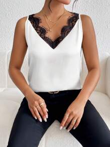 SHEIN Privé Acabamento Em Renda Para Cílios Cetim Blusa - Branco - Visão 6