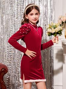 SHEIN Váy tay bồng đính ngọc trai dự tiệc Giáng sinh cho bé gái có viền lông nhân tạo - Đỏ - Xem 2