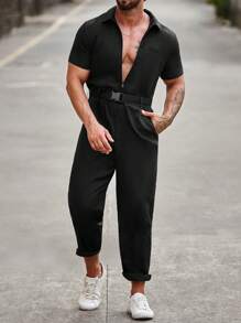 Manfinity Fever City 男士寬鬆純色連身褲，斜口袋和腰帶 - 黑色 - 查看 3