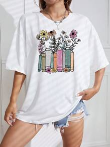 SHEIN EZwear 印花落肩T恤 - 白色 - 查看 3