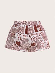 SHEIN ICON Newspaper Print Shorts - Maroon - View 2