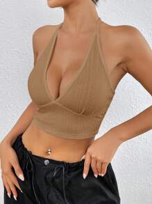 SHEIN EZwear 素色露背繞頸短上衣 - 卡其色 - 查看 1