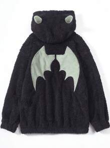 SHEIN 男大童翅膀印花3D耳朵設計連帽毛絨夾克 - 黑色 - 查看 1
