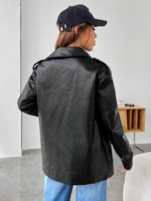 SHEIN EZwear 拉鏈開襟腰帶PU皮革機車夾克 - 黑色 - 查看 3