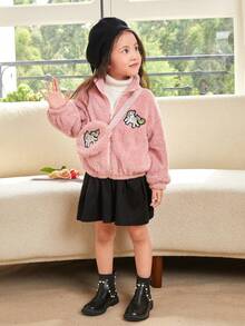 SHEIN 女小童獨角獸刺繡落肩袖毛絨夾克附包 - 淺粉色 - 查看 6