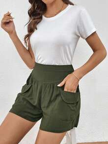 SHEIN LUNE High Waist Dual Pocket Shorts - Army Green - View 3