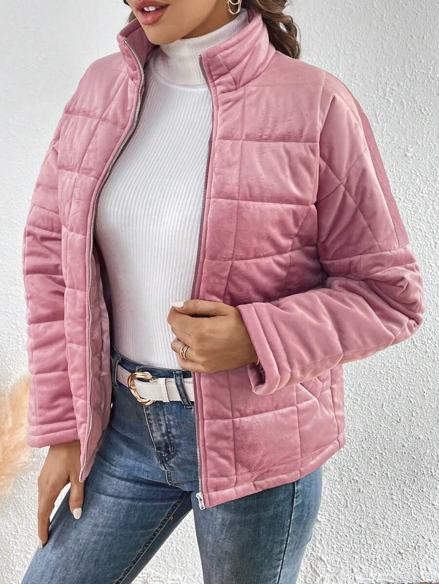 SHEIN LUNE Áo khoác đệm vai thả khóa kéo - Bụi hồng - Xem 1