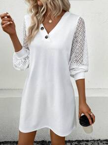 SHEIN LUNE 蕾絲拼接燈籠袖紐扣細節T恤洋裝 - 白色 - 查看 5