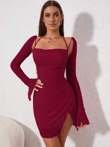 PARTHEA 分叉荷叶袖裹身下摆网纱修身连衣裙，春季优雅 - 酒紅色 - 查看 6