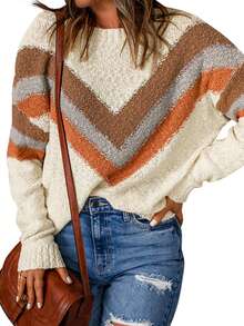 Chevron Pattern Drop Shoulder Sweater - Beige - View 4