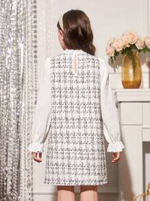 SHEIN Tween Girl Plaid Pattern Bow Front Flounce Sleeve Tweed Dress - Black and White - View 2