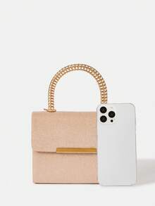 SHEIN Belle de mujeres unicolor con diseño metal vuelta Funda cuadrado Bolso de mano - Champán - Ver 3