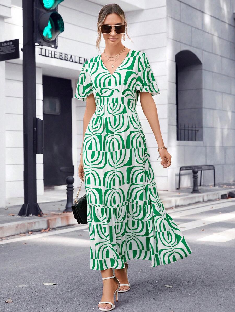 SHEIN Privé In Toàn bộ Cổ v Đầm - Nhiều màu - Xem 1
