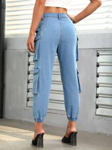 SHEIN PETITE 側翻蓋口袋工裝牛仔褲 - 中等水洗藍 - 查看 2