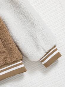 SHEIN Teen Girl Letter Patched Striped Trim Drop Shoulder Teddy Varsity Jacket - Camel - View 5