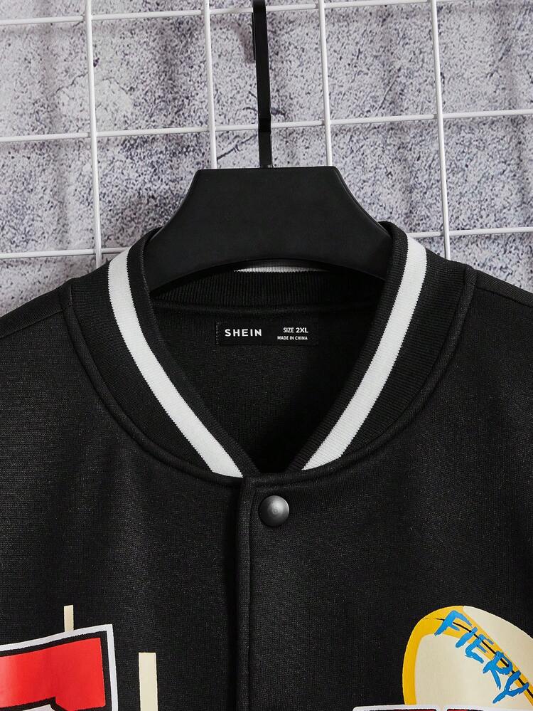 Loose Fit Men's Plus Size Letter Graphic Drop Shoulder Striped Trim Varsity Jacket, For Fall Winter