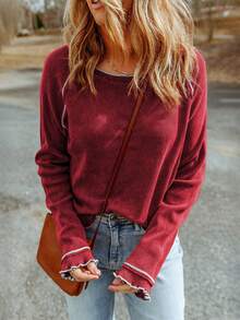 Contrast Stitch Raglan Sleeve Tee - Burgundy - View 3