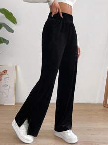 SHEIN Essnce Pantalones rectos divididos con cintura alta elástica unicolor casuales para mujeres
