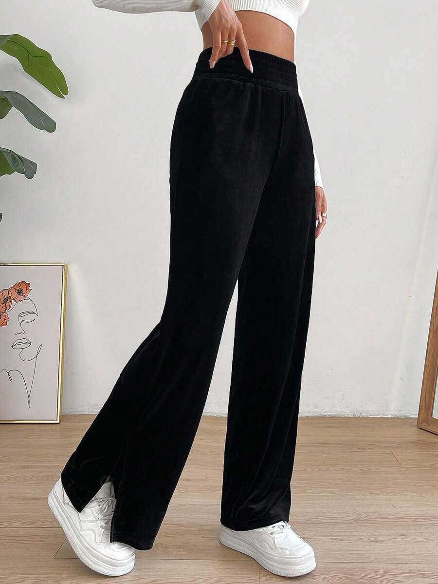 SHEIN Essnce Pantalones rectos divididos con cintura alta elástica unicolor casuales para mujeres - Negro - Ver 1