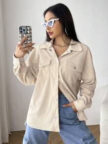 SHEIN EZwear 秋冬翻领落肩灯芯绒大衣 - 米色 - 查看 5