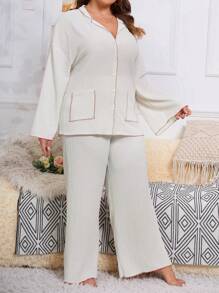 Plus Contrast Piping Drop Shoulder PJ Set / Pajama Set - Apricot - View 4