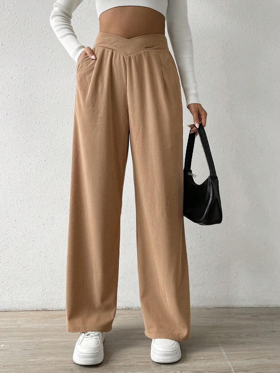 SHEIN Unity Asymmetrical Waist Wide Leg Pants - Khaki - View 1