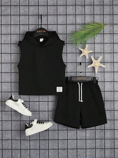 SHEIN Young Boy Letter Patched Detail Hooded Tank Top & Drawstring Waist Shorts