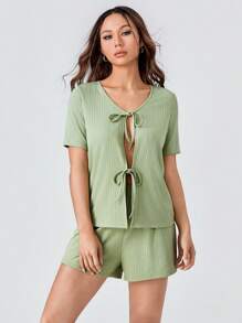 SHEINNeu Tie Trước Đồ đan Ribbed Áo & quần short - Màu xanh Bạc hà - Xem 7
