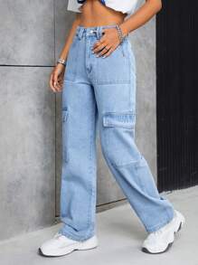 SHEIN PETITE Flap Pocket Straight Leg Jeans - Light Wash - View 4