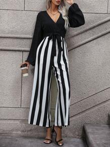 SHEIN VCAY Striped Print Surplice Neck Belted Wide Leg Jumpsuit - Black - View 4
