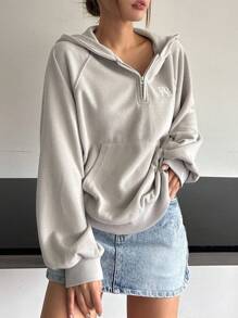 DAZY Letter Embroidery Raglan Sleeve Half Zip Hoodie,Long Sleeve Tops Sweatshirt - Grey - View 8