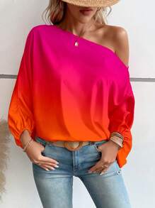 SHEIN LUNE Ombre Asymmetrical Neck Batwing Sleeve Blouse One Shoulder Top - Multicolor - View 5