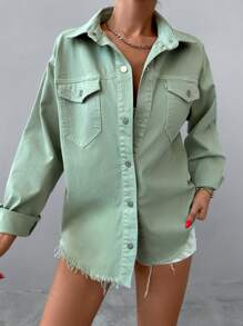 EURMUSE Flap Pocket Raw Hem Denim Jacket - Mint Green - View 5