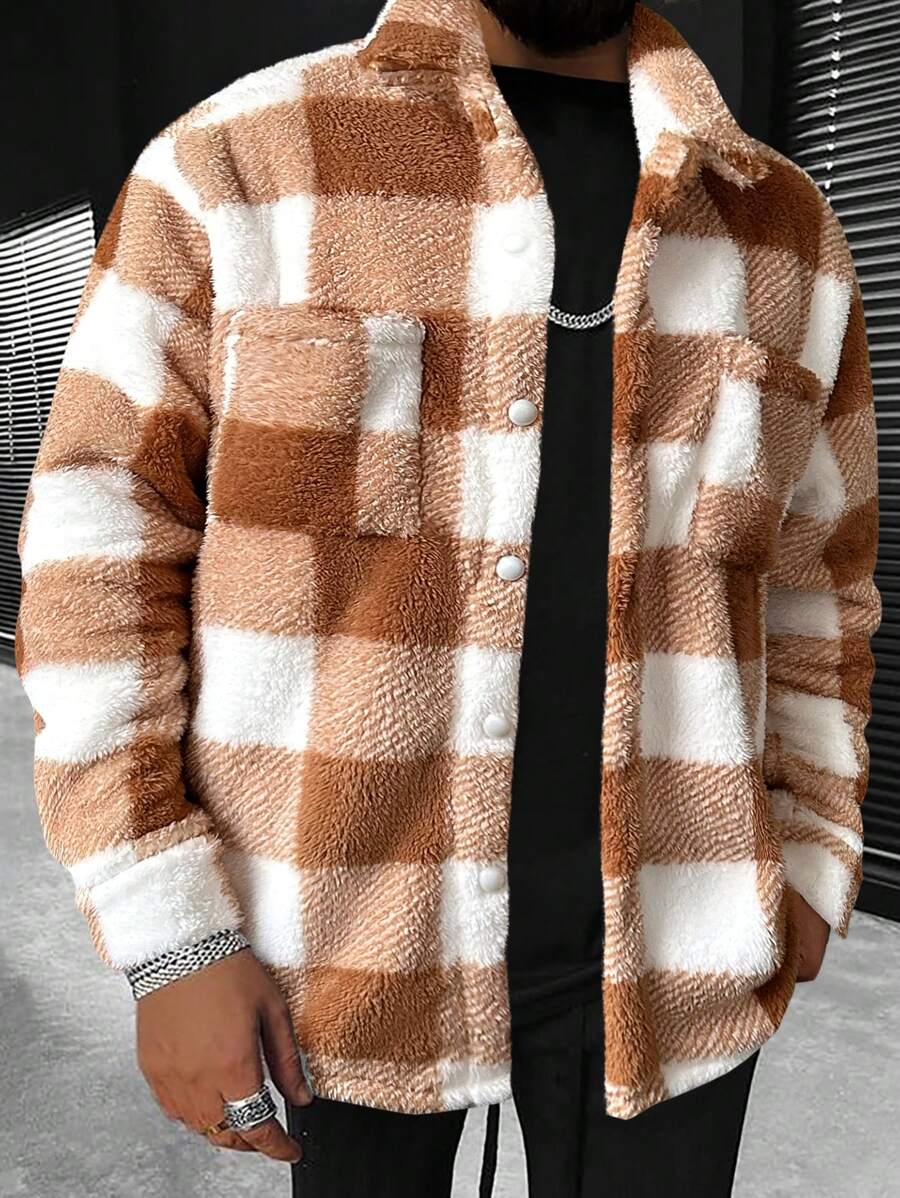 Manfinity Homme 男士超大号布法罗格子印花泰迪熊外套,适合丈夫,秋季 - 彩色 - 查看 1