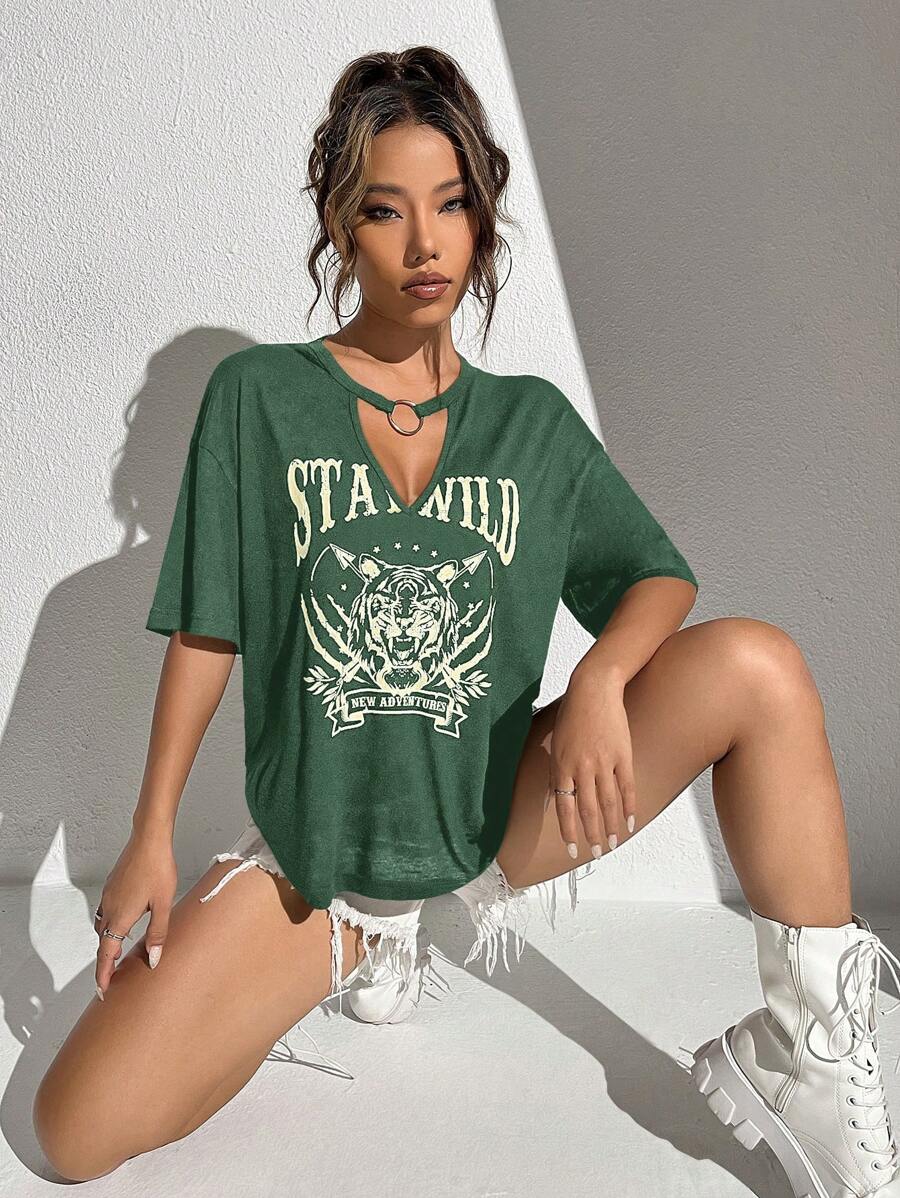 Muchica Women's Casual Printed Drop Shoulder Short Sleeve Knit T-Shirt - Green - View 1