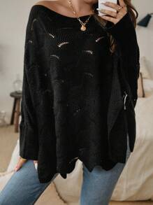SHEIN LUNE Plus Pointelle Knit Batwing Sleeve Sweater - Black - View 3