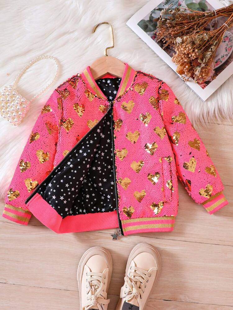 Young Girl Heart Sequin Zip Up Bomber Jacket