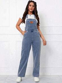 Flexra 字母補丁細節牛仔背帶褲不帶T恤 - 中等水洗藍 - 查看 3