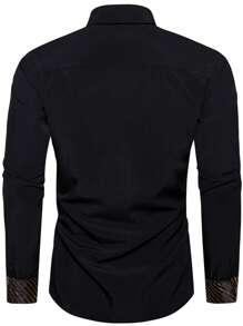 Hombres Camisa de rayas en contraste con botón - Negro - Ver 2