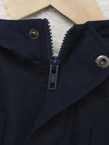 SHEIN Young Boy Flap Pocket Teddy Lined Hooded Coat - Navy Blue - View 3