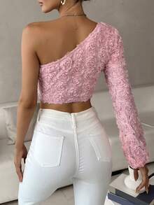 SHEIN Privé One Shoulder Lantern Sleeve Crop Blouse - Pink - View 2