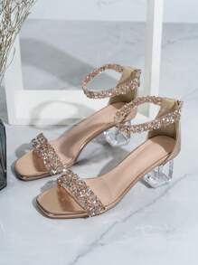 Elegant & Fashionable Women's High Heeled Sandals With Crystal Heels & Glass Rhinestone - Gold - View 2
