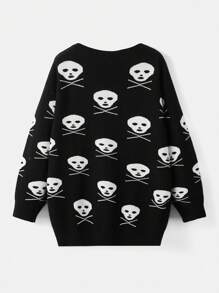 SHEIN EZwear Áo khoác cardigan hở vai họa tiết đầu lâu cỡ lớn - Đen và trắng - Xem 2