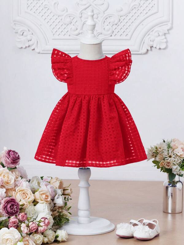 SHEIN Elegant Style Baby Girl's Ruffle Trim Back Zip Dress, For Christmas