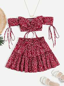 Soleia All Over Print Knotted Bardot Top & Skirt Set - Burgundy - View 1