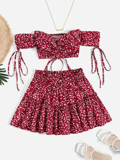 All Over Print Knotted Bardot Top & Skirt Set